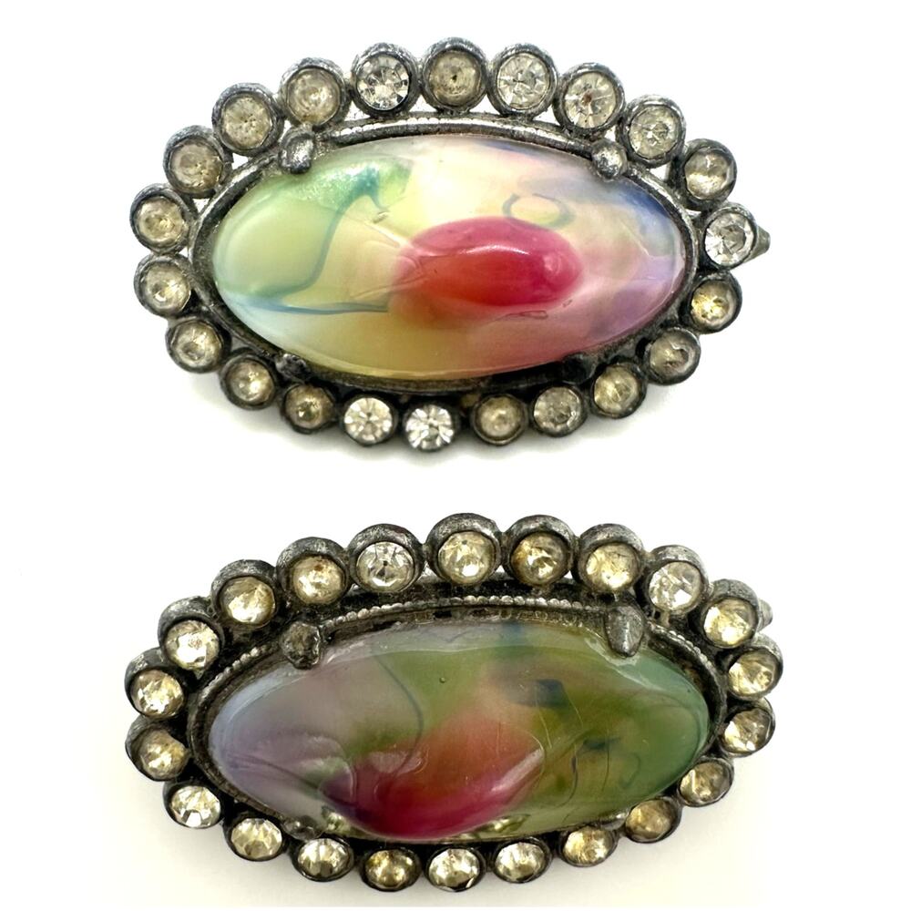 Antique 1920s Art Deco silver tone multicolor art glass rhinestones cufflinks